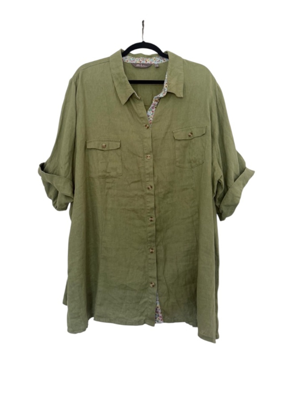 Ulla Popken Green Linen Short Sleeve Button Down Top Utility Shirt Size 32/34